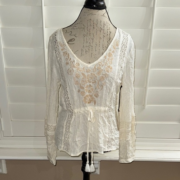 Idyllwind Miranda Lambert Ivory Swiss Dot & Peekaboo Crochet Lace Prairie Blouse - Picture 1 of 10